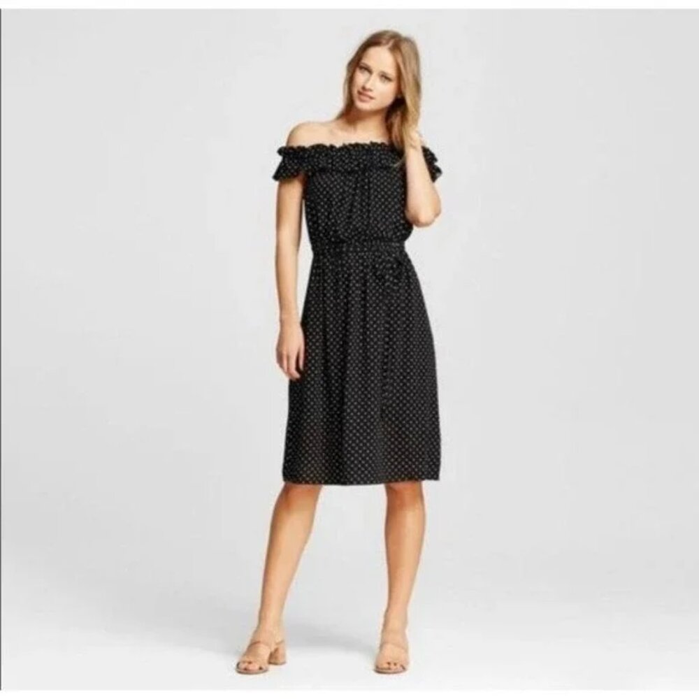 Who What Wear Off Shoulder Polka Dot Holiday Casual Chic‎ Midi Dress Black